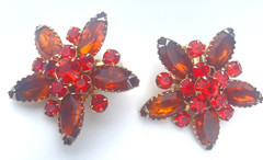 Vintage Orange Red Rhinestone Judy Lee Flower Earrings Clip On Signed