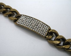 Vintage RJ Graziano pave rhinestone & antiqued goldtone ID bracelet 6.25-8″ adj