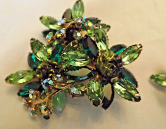 Vntg D&E Juliana Brooch Green Navettes,Rhinestones,Poured Stones Marked by Style