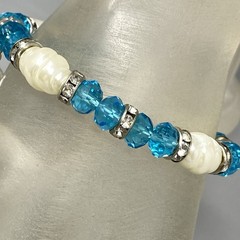 Blue Glass Beaded Bracelet Acrylic White Spacers Owl Bell Charm Stretch Elastic
