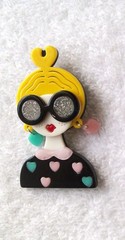 Vintage Fashionista Lady with Hearts 2.50″ Layered Acrylic Pin or Brooch – NWOT