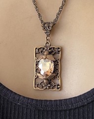 Honeybee Necklace Art Nouveau Brass Filigree Bee Pendant Champagne Rhinestone