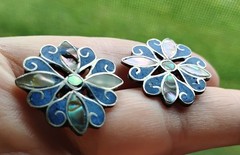 Alpaca Silver Abalone & Lapis Lazuli Flower Screw Back Earrings Repair