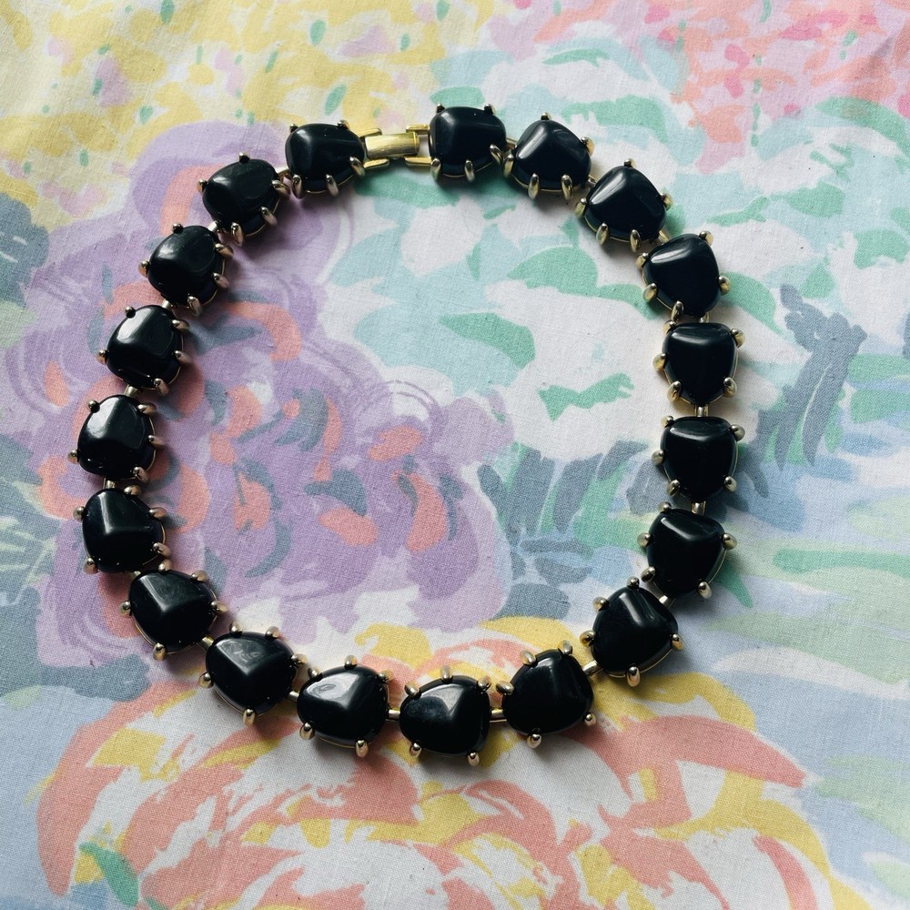 Vintage Black Acrylic Beaded Relaxed Choker Necklace Gold Tone Foldover Clasp