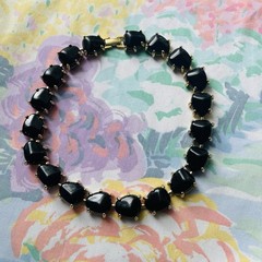 Vintage Black Acrylic Beaded Relaxed Choker Necklace Gold Tone Foldover Clasp