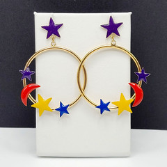 Stars Crescent Moon Colorful Enamel Metal Gold Tone Round Hoop Pierced Earrings