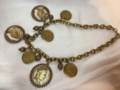 Vintage Gold Tone Faux Old Coin Design Necklace Unmarked 17” Chain