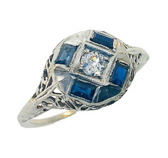 Antique 1920’s Art Deco 18k White Gold Diamond & Sapphire Engagement Ring