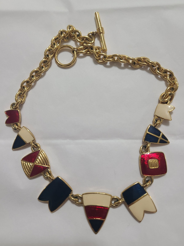 Trifari Signed Vintage Nautical Gold Tone Chain Necklace w Red Blue White Enamel