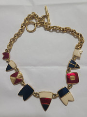 Trifari Signed Vintage Nautical Gold Tone Chain Necklace w Red Blue White Enamel