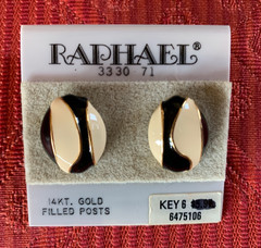 Vintage Raphael Black/White/Gold tone Enamel Pierced Earrings 14 kt Posts