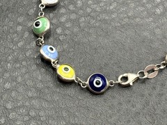 Vintage Sterling Silver 925 Multicolor Glass Evil Eye Link Bracelet 7.5″
