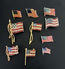 American Rhinestone Flags Brooches Pins TEN Lot Signed 4th Of July