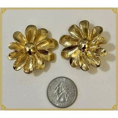 Huge Gold Tone Metal Flower Clip on Earrings by Designer Scaasi