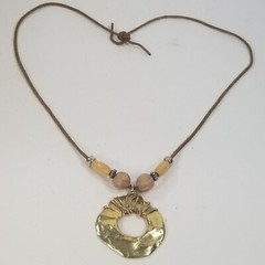 Vintage Gold Tone Brutalist Necklace Leather Wood Bead Pendant Boho