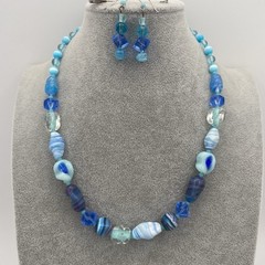Vintage Venetian Mixed Lampwork Blue Glass Beaded Necklace W/ Matching Earrings