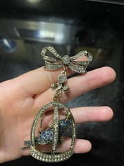Hand Crafted Bird In Cage With Bow Rhinestones Brooch