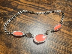 1930’s Deco Sterling Marcasite Coral Glass Necklace Flowers 16”