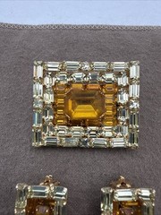 Vintage Tortolani Yellow Rhinestone Baguette Brooch And Clip On Earring Set