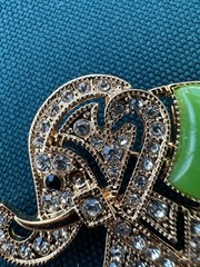 Vintage Monet Elephant Brooch Gold Tone Pave Rhinestones Jade Green Signed