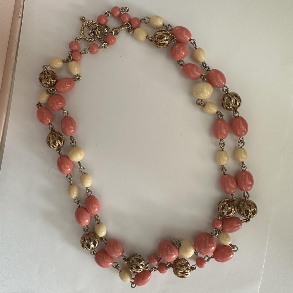VTG 70’s Monet Pink Peach Beaded Strand Necklace Gold Tone 19/38” StatementRARE