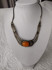 Vintage Antique Tibetan Silver Mesh Orange Beeswax Amber Necklace Jewlery