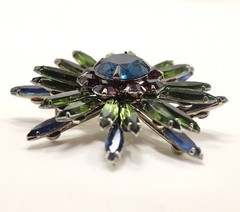 VINTAGE NAVETTE BLUE, GREEN AND PURPLE RHINESTONES FLOWER BROOCH