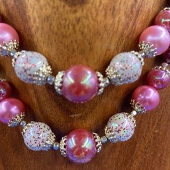 NECKLACE vintage 1950s 1960s Pink Purple BEADS 2 strands glitter small 14-16″