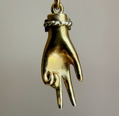 Antique Vintage 14K Gold Platinum Palladium Hand Pendant w Diamond Sapphire Ruby