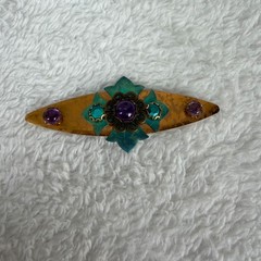 Vintage Copper Verdigris Brooch Purple Teal Crystal Floral Filigree Pin 2.5″