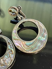 Vintage 1950s Mexico Sterling Silver Abalone Crescent Hoop Screw-Back Earrings