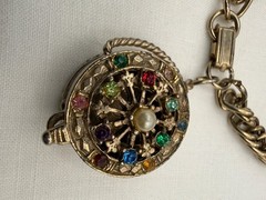Vintage Flower Basket Charm Bracelet Gold Tone Rhinestones Victorian Revival