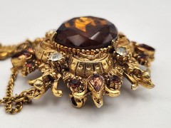 Vintage Florenza Signed Brooch Amber Topaz Rhinestone Gold Tone Chains 3.25″ Lg