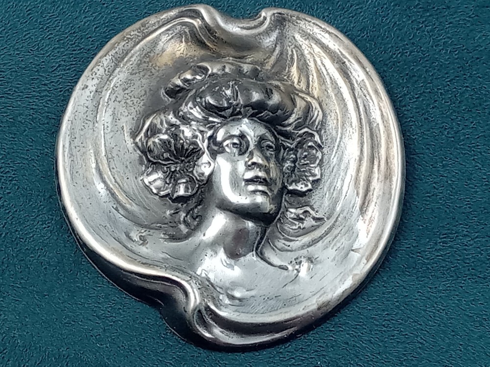 Large Ornate Antique Silver Tone Pressed Metal Victorian Lady’s Face Pin: 2.25″