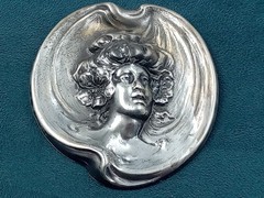 Large Ornate Antique Silver Tone Pressed Metal Victorian Lady’s Face Pin: 2.25″