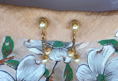 Vintage JMS Faux Pearl Earrings Dangle 12K Gold Filled Screw Back 1940s-1950s