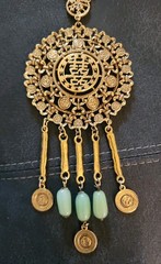Vintage Signed Goldette Gold Tone Asian Dangles Statment Faux Jade Necklace