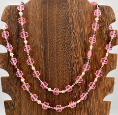 Vintage Flower Bead Necklace Pink Lucite Double Strand Gold Tone Findings Hippy