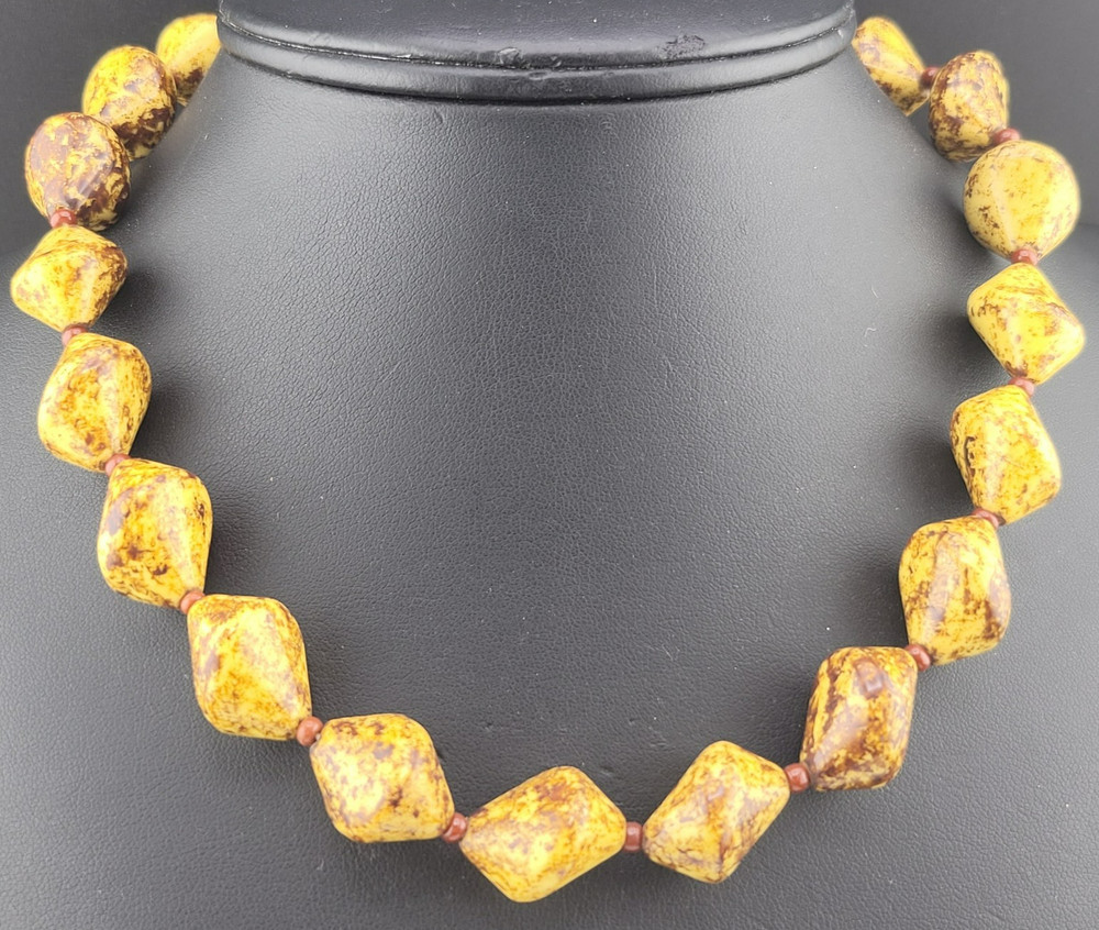 Chunky Vintage Signed Austria Brown Yellow Pottery Beads 18″ Necklace