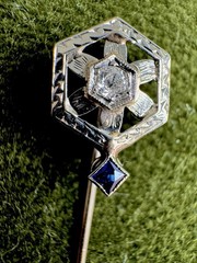Antique Art Deco Victorian 18K White Gold Diamond & Sapphire Stick Pin Filigree