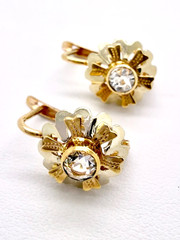 Vintage 18k 750 Yellow and White Gold Dormeuse Sleeper Drop Flower Earrings