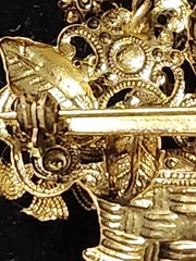 Vintage Czech Brass Toned Floral Basket Brooch Multi-Colored Rhinestones Glass