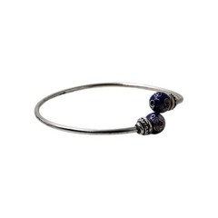 925 Silver Blue Cloisonne Floral Enamel Bead Bangle 1950s-1970s 7.1g