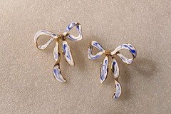 Stunning Goldtone Blue&white Enameled Stud Bow Earrings