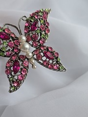 1970s Butterfly Pin Rhinestones of Pink and Green with Pearls