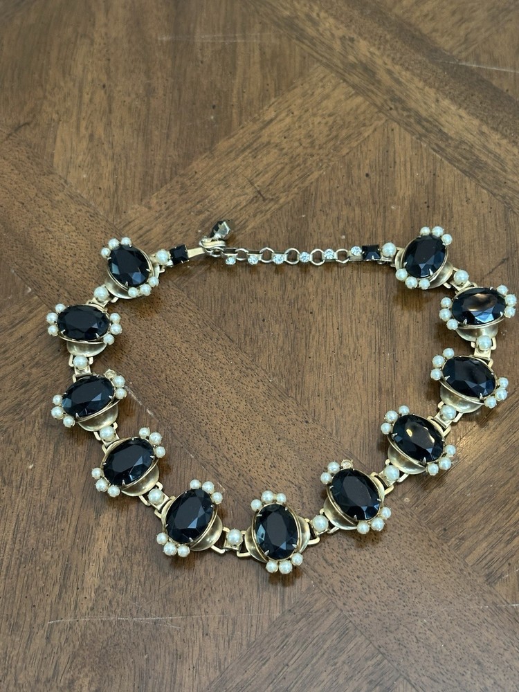 Vintage Denbe Black Rhinestone Faux Pearl Choker Necklace Gold Tone Signed Nice!