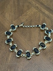 Vintage Denbe Black Rhinestone Faux Pearl Choker Necklace Gold Tone Signed Nice!