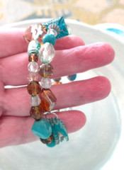 Vintage Boho Style 1980’s Teal Blue Brown Acrylic Beads Wrap Bracelet Fits All
