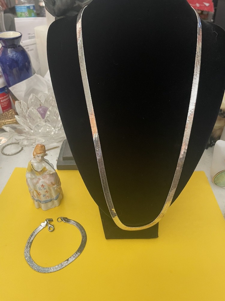 Vintage Signed REVLON Silver Tone Flat Herringbone Necklace & Bracelet Set
