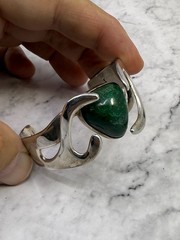 Vintage Estate Old Taxco Mexican Sterling Silver Malachite Signed Cuff Bracelet